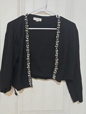 Calvin Klein XL Black Pearl Embellished Open Front Cropped Cardigan Shrug